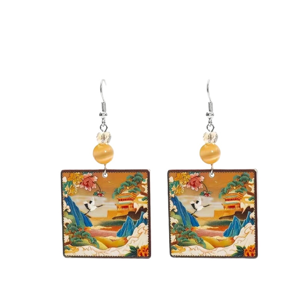 Colorful Crane Mountain Oriental Square Drop Earrings